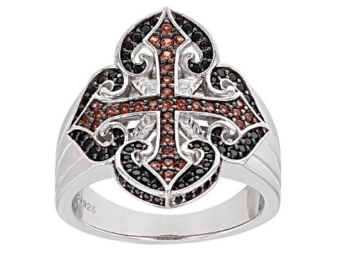 Red Garnet Rhodium Over Sterling Silver Mens Cross Ring 1.09ctw