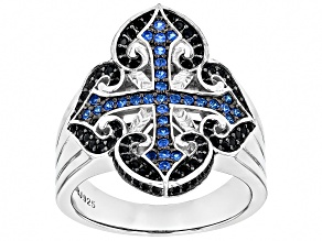 Blue Lab Created Spinel And Black Spinel Rhodium Over Sterling Silver Men's Cross Ring 1.11ctw