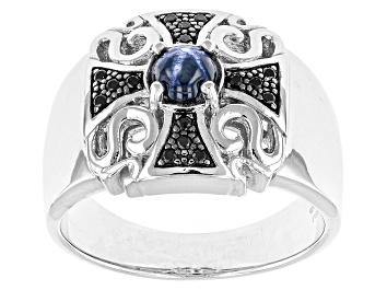 Picture of Blue Star Sapphire Rhodium Over Sterling Silver Men's Cross Ring .97ctw