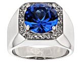 Blue Lab Created Spinel Rhodium Over Sterling Silver Men's Ring 5.63ctw