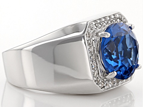 Blue Lab Created Spinel Rhodium Over Sterling Silver Mens Ring 5.63ctw