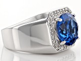 Blue Lab Created Spinel Rhodium Over Sterling Silver Men's Ring 5.63ctw