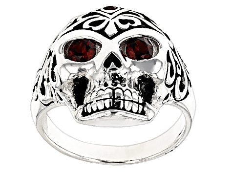Red Garnet Rhodium Over Sterling Silver Men's Skull Ring .57ctw