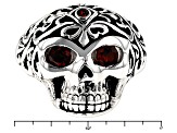 Red Garnet Rhodium Over Sterling Silver Men's Skull Ring .57ctw