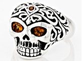 Orange Madeira Citrine Rhodium Over Sterling Silver Men's Skull Ring 0.49ctw