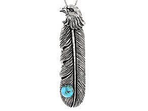 Blue Turquoise Rhodium Over Sterling Silver Mens Feather Pendant With Chain