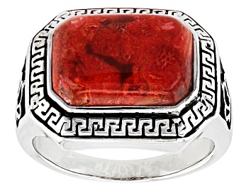 Picture of Red Coral Rhodium Over Sterling Silver Men's Ring