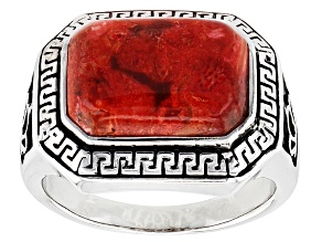 Red Coral Rhodium Over Sterling Silver Men's Ring