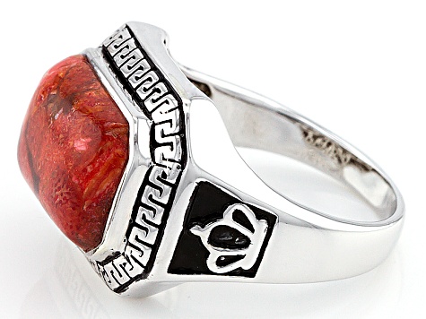 Red Coral Rhodium Over Sterling Silver Men's Ring