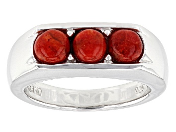 Picture of Red Coral Rhodium Over Sterling Silver 3-Stone Men's Ring