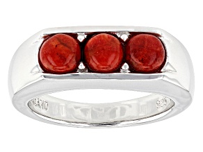 Red Coral Rhodium Over Sterling Silver 3-Stone Men's Ring