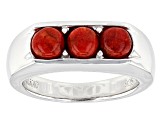 Red Coral Rhodium Over Sterling Silver 3-Stone Men's Ring