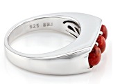 Red Coral Rhodium Over Sterling Silver 3-Stone Men's Ring