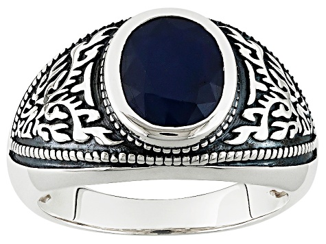 Blue Sapphire Solitaire Sterling Silver Mens Ring 2.72ctw