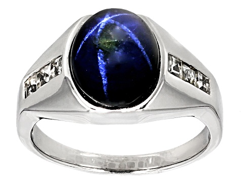 Blue Star Sapphire Rhodium Over Sterling Silver Men's Ring 7.34ctw