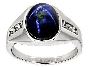 Blue Star Sapphire Rhodium Over Sterling Silver Men's Ring 7.34ctw