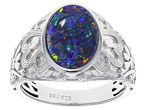 Multi-color Australian Opal Triplet Rhodium Over Sterling Silver Gent's Ring