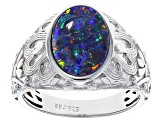 Multi-color Australian Opal Triplet Rhodium Over Sterling Silver Gent's Ring