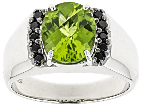 Green Peridot Rhodium Over Silver Mens Ring 3.11ctw