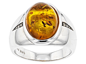 Picture of Orange Amber Rhodium Over Sterling Silver Gents Ring .03ctw