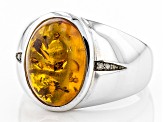 Orange Amber Rhodium Over Sterling Silver Gents Ring .03ctw