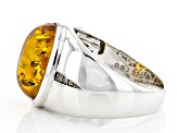 Orange Amber Rhodium Over Sterling Silver Gents Ring .03ctw