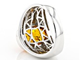 Orange Amber Rhodium Over Sterling Silver Gents Ring .03ctw