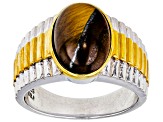 Brown Tiger's Eye Rhodium Over Sterling Silver Two-Tone Men's Ring