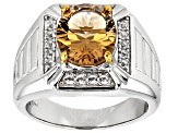 Champagne Quartz Rhodium Over Sterling Silver Gent's Ring 3.64ctw