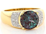 Blue Lab Created Alexandrite 18k Yellow Gold Over Silver Men's Ring 3.45ctw