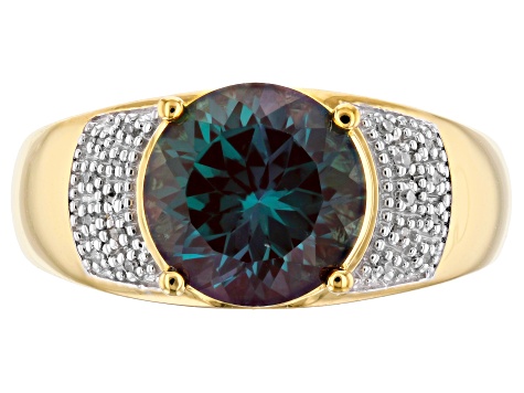 Blue Lab Created Alexandrite 18k Yellow Gold Over Silver Men's Ring 3.45ctw