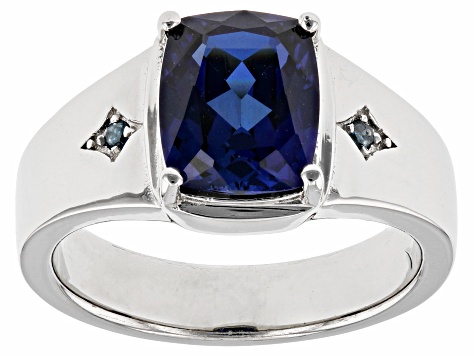 Blue Lab Created Sapphire Rhodium Over Sterling Silver Men's Ring 2 ...
