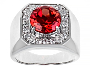 Orange Lab Created Padparadscha Sapphire Rhodium Over Silver Mens Ring 4.65ctw