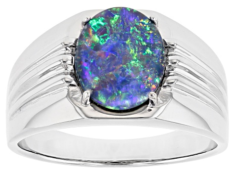 Multi-color Australian Opal Triplet Rhodium Over Silver Mens Ring