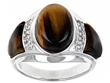 Picture of Brown Tiger's Eye Rhodium Over Sterling Silver Men's Ring .19ctw