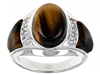 Brown Tiger's Eye Rhodium Over Sterling Silver Men's Ring .19ctw