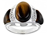 Brown Tiger's Eye Rhodium Over Sterling Silver Men's Ring .19ctw