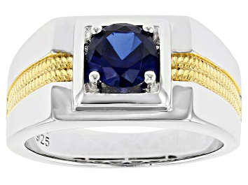 Picture of Blue Lab Created Blue Sapphire Rhodium & 18k Yellow Gold Over Silver Two-Tone Mens Ring 1.04ct