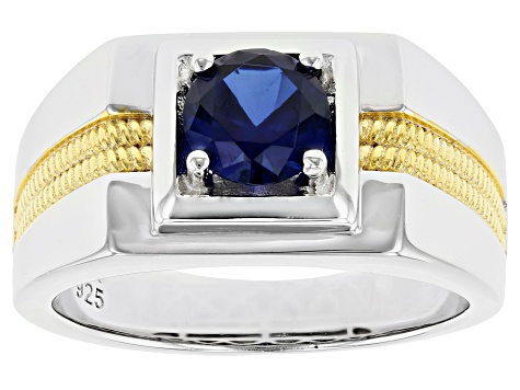 Blue Lab Created Blue Sapphire Rhodium & 18k Yellow Gold Over Silver Two-Tone Mens Ring 1.04ct