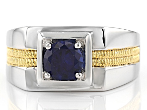 Blue Lab Created Blue Sapphire Rhodium & 18k Yellow Gold Over Silver Two-Tone Mens Ring 1.04ct