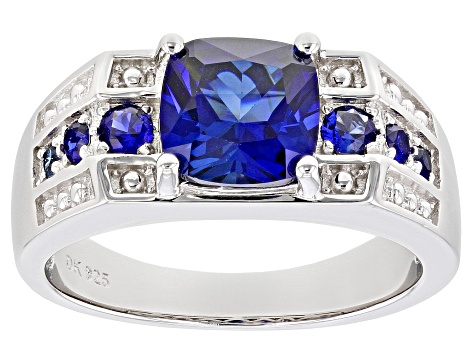 Blue Lab Created Sapphire Rhodium Over Silver Ring  2.88ctw