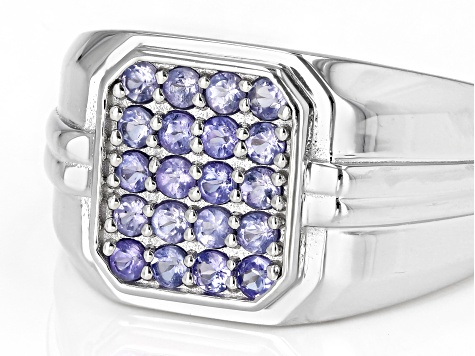 Blue Tanzanite Rhodium Over Silver Mens Ring .68ctw