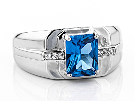 Blue Lab Created Spinel Rhodium Over Silver Mens Ring 2.41ctw