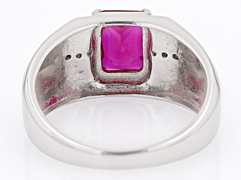 Red Lab Created Ruby With White Zircon Rhodium Over Sterling Silver Men's Ring 2.41ctw
