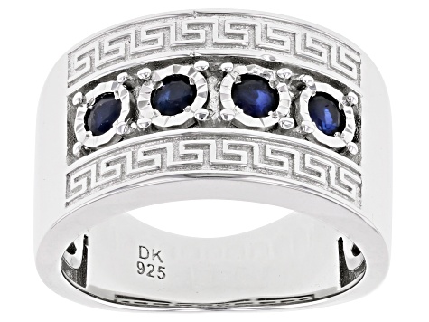 Blue Sapphire Rhodium Over Silver Men's Band Ring .60ctw
