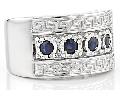 Blue Sapphire Rhodium Over Silver Men's Band Ring .60ctw