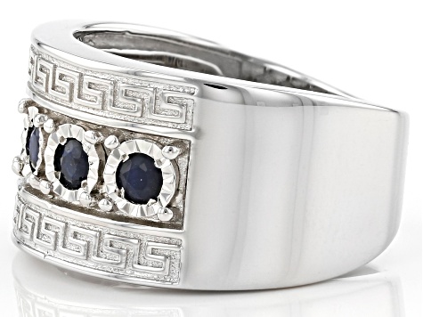 Blue Sapphire Rhodium Over Silver Men's Band Ring .60ctw