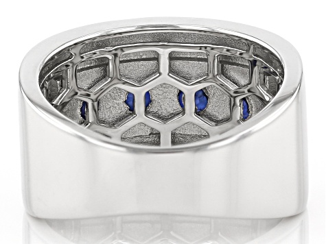 Blue Sapphire Rhodium Over Silver Men's Band Ring .60ctw