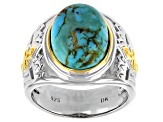 Blue Turquoise Rhodium and 18K Yellow Gold Over Sterling Silver Two-Tone Mens Ring.