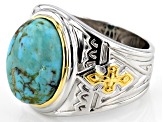 Blue Turquoise Rhodium and 18K Yellow Gold Over Sterling Silver Two-Tone Mens Ring.